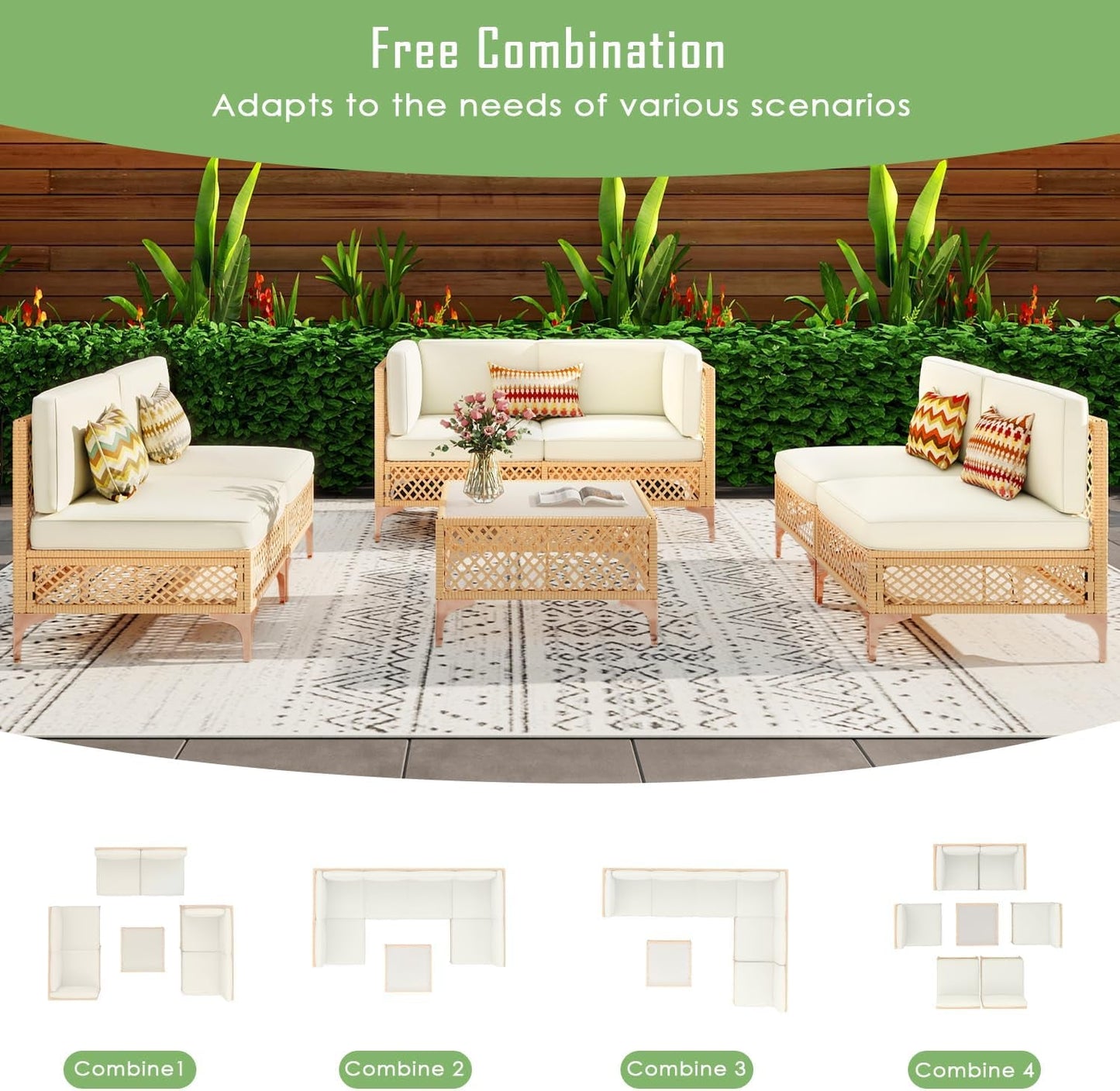 7 Piece Outdoor Patio Furniture Set, PE Rattan Wicker Patio Conversation Sets, All Weather Sectional Sofa with Thick Cushion, for Garden, Poolside, Backyard-4