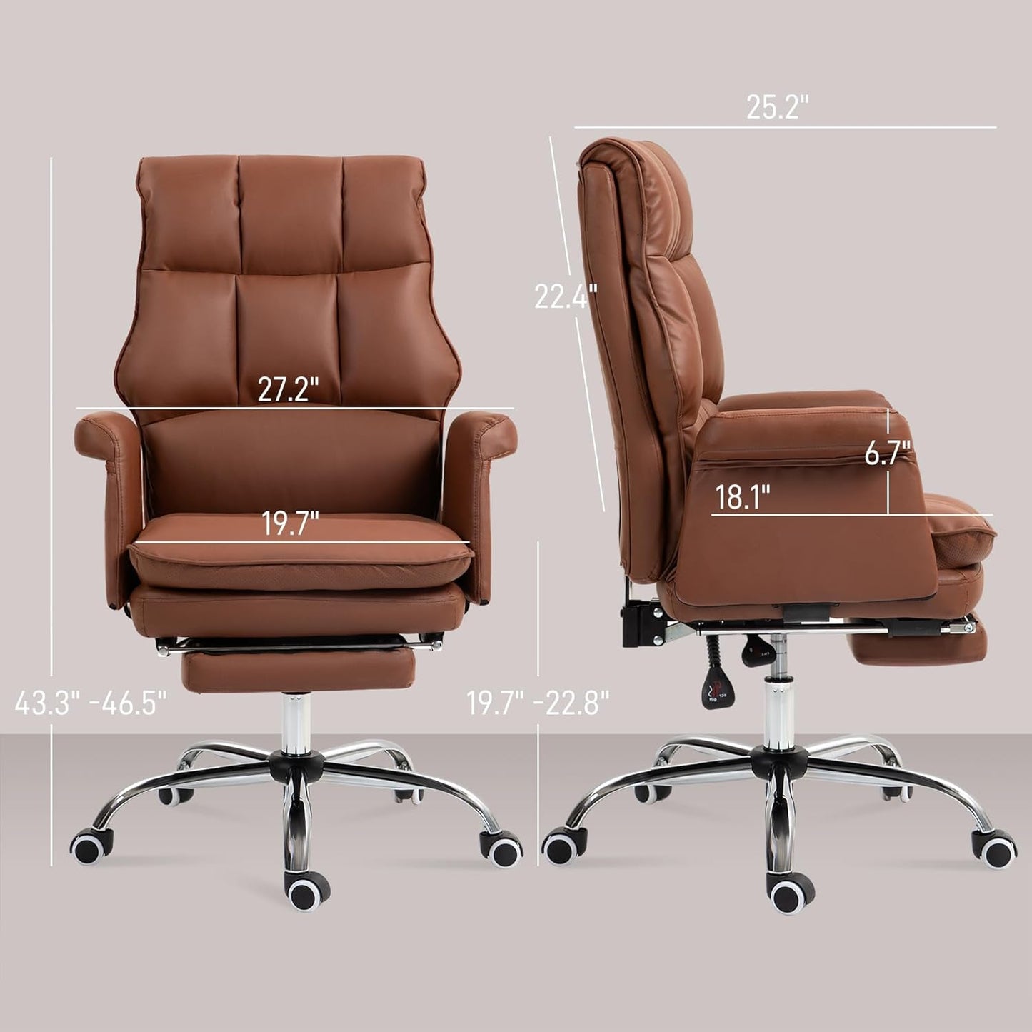 Executive Office Chair, PU Leather Ergonomic Office Desk Chair with Footrest, Reclining and Swivel Chair, Brown-2