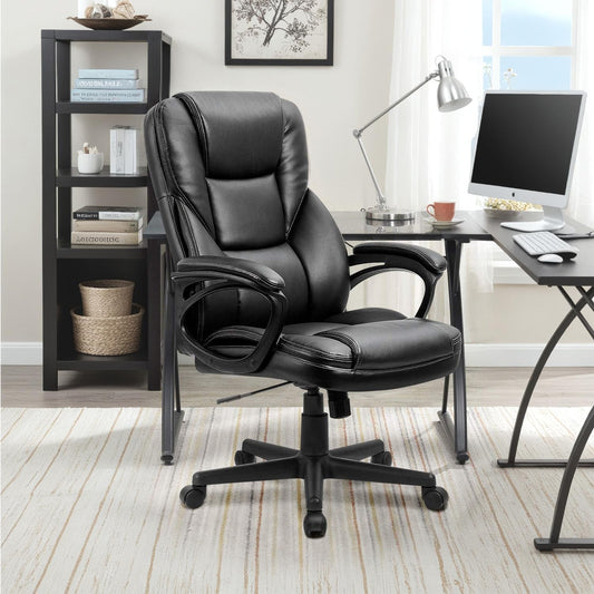 Office Executive Chair High Back Adjustable Managerial Home Desk Chair, Swivel Computer PU Leather Chair with Lumbar Support (Black)-1
