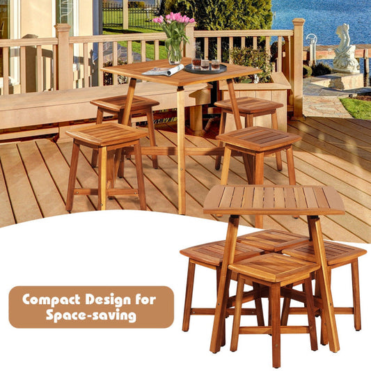 5 Pieces Wood Patio Dining Set with Square Table and 4 Stools-1
