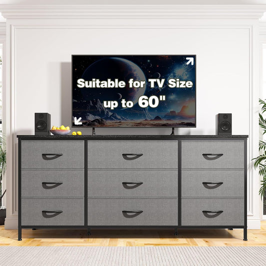 Dresser TV Stand with Drawers, Media Console Table for 60 '', TV Console with 9 Drawers for Bedroom, Entertainment Center with Sturdy Metal Frame & Wood Top, Living Room, Hallway, Grey-1