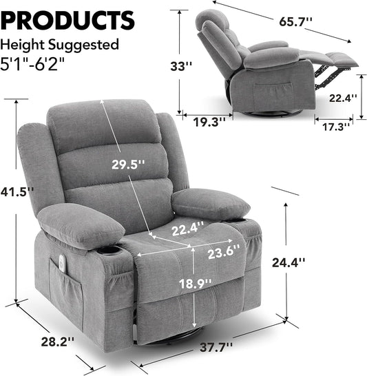 Rocker Recliner Chair with Heat and Massage, 360° Swivel Recliner Chairs for Adults, Oversized Recliner Single Sofa Seat with Cup Holders, Lazy Boy Recliner Single Sofa Seat, Grey-1