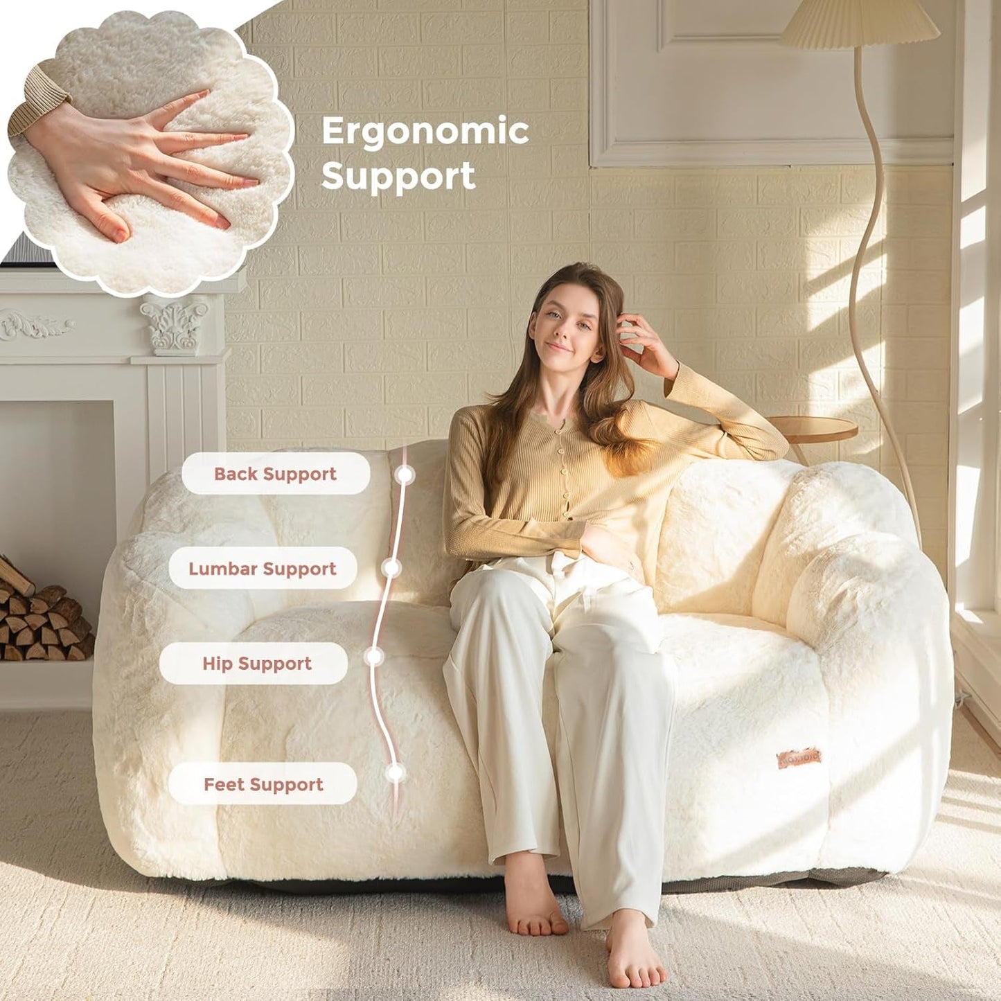 Beige Floral Shaped Loveseat Bean Bag Sofa-4