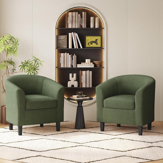 Corduroy Barrel Chairs Set of 2, Upholstered Club Chairs Accent Chairs, round Armchairs Waiting Room Chairs with Soft Cushion for Living Room Bedroom Reading Room, Dark Green-1