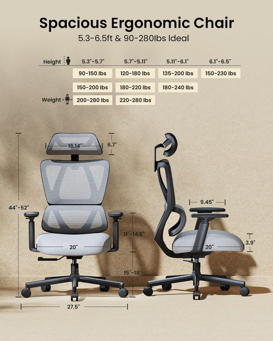 Ergonomic Office Chair with 30% Thicker Saddle Shaped Spring Cushion, Adaptive Lumbar Support, Big and Tall Mesh Chair with Headrest for Home Office, Desk Chair with Wheels EC100 (Grey)-1