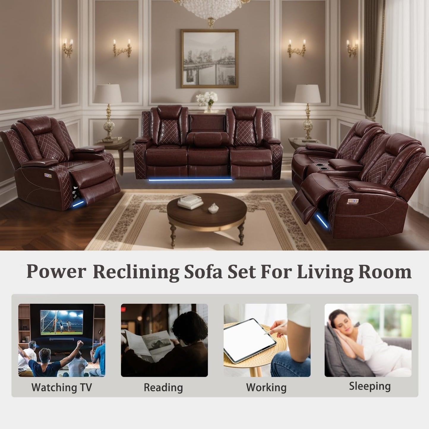 Power Reclining Sofa Set, Living Room Furniture Set with USB Ports, Leather Recliner Couches Set for Living Room/Apartment/Office/Home Theather (Burgundy, Sofa+Loveseat+Chair)-4