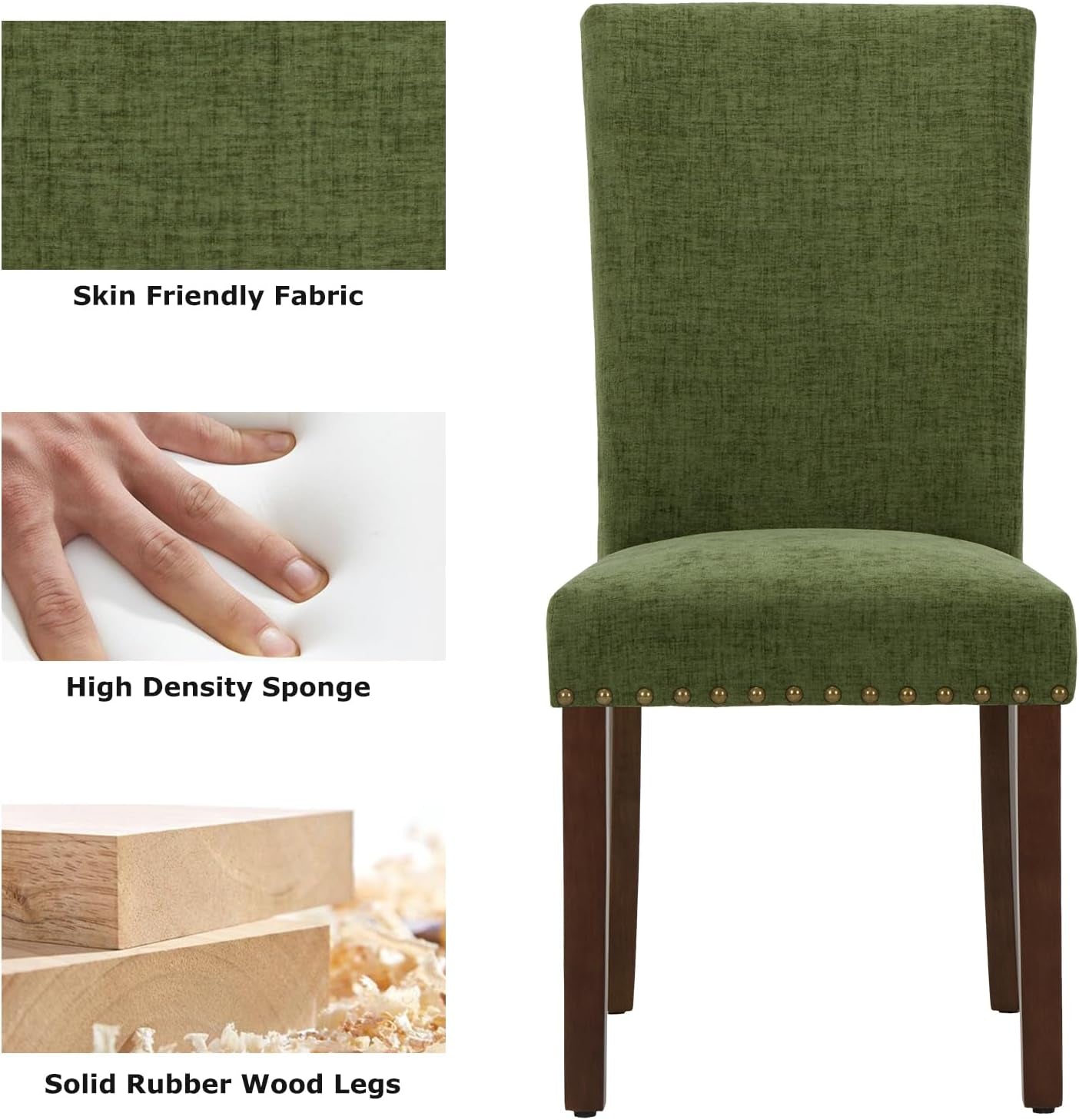Upholstered Parsons Dining Chairs Set of 4, Fabric Dining Room Kitchen Side Chair with Nailhead Trim and Wood Legs - Green-3