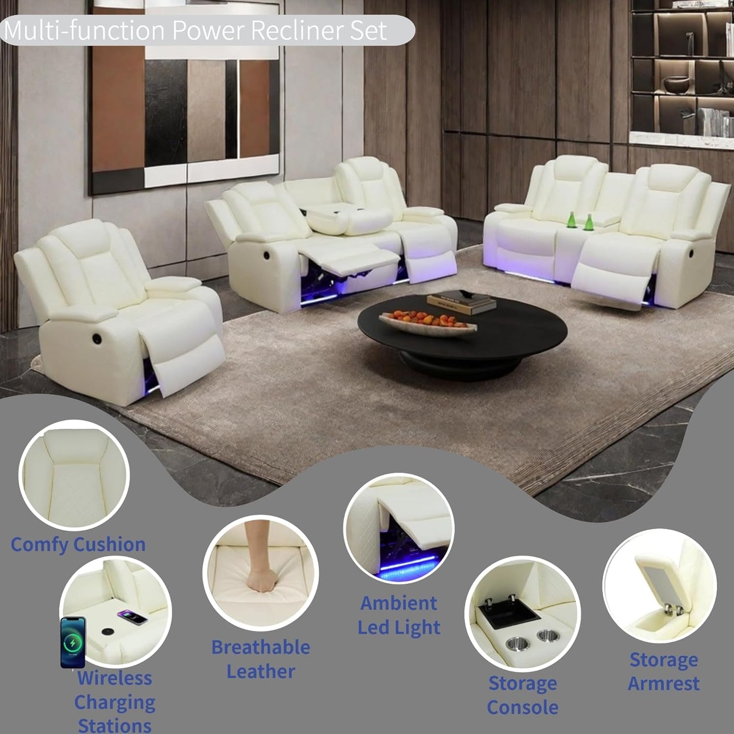 Power Recliner Set with LED Lights, Air Leather Reclining Set with USB Port/Wireless Charger/Storage Console/Cup Holder for House/Hometheater/Apt (Ivory White, Sofa Loveseat Chair)-2