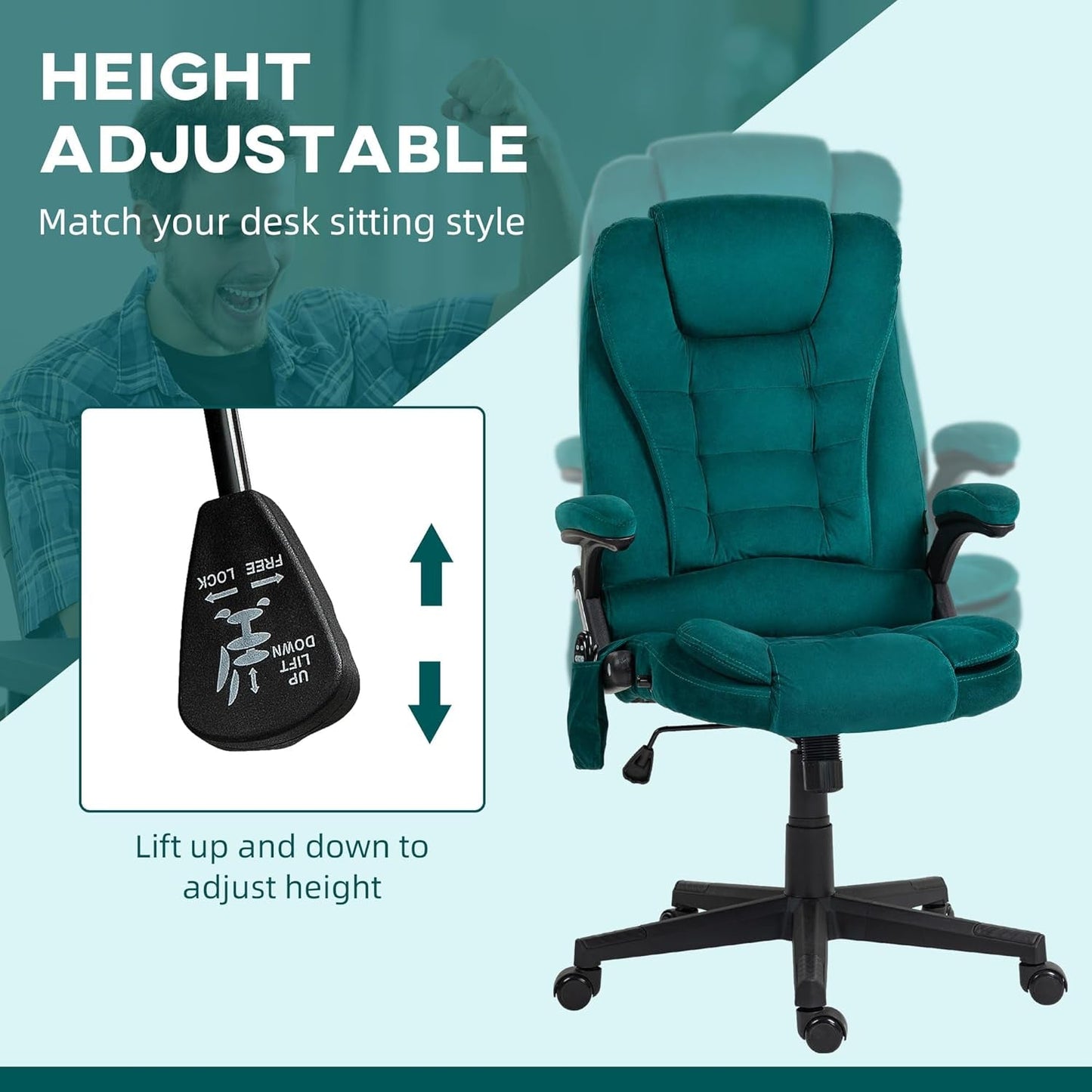 6 Point Vibrating Massage Office Chair with Heat, Velvet High Back Executive Office Chair with Reclining Backrest, Padded Armrests and Remote, Dark Green-4