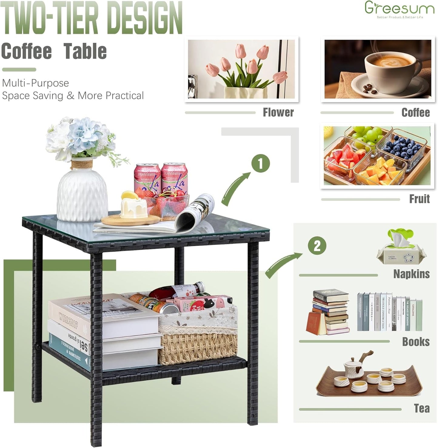 3 Pieces Patio Furniture Set Outdoor Wicker Rocking Chairs with Glass Coffee Table for Garden Backyard Porch Poolside, Beige-4