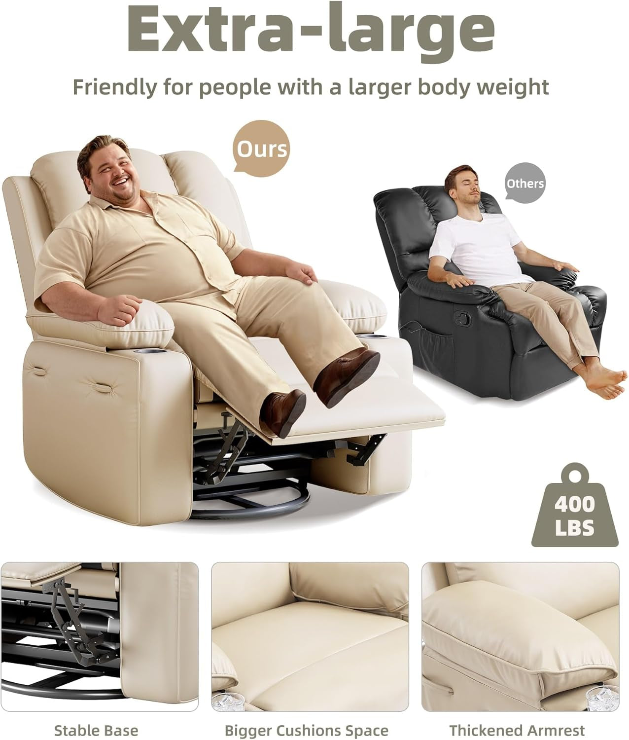 Oversized 27" Recliner Chairs with Heat and Massage - 360° Swivel Lazy Recliner Chair for Adults- Manual Rocking Chair with Cup Holder for Living Rooms, Bedrooms and Nurseries - Creamy-2