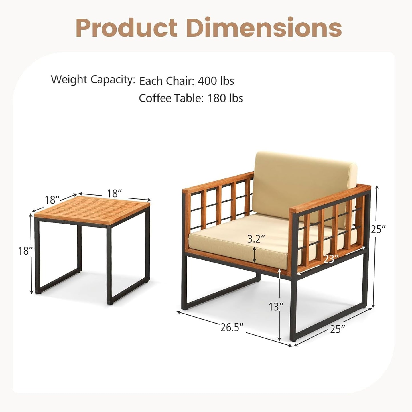 3 Pieces Patio Chair Set, Acacia Wood Outdoor Sofa Set with Metal Support, Soft Seat & Back Cushions Included, Cushioned Bistro Set for Balcony, Porch, Backyard (Beige)-3