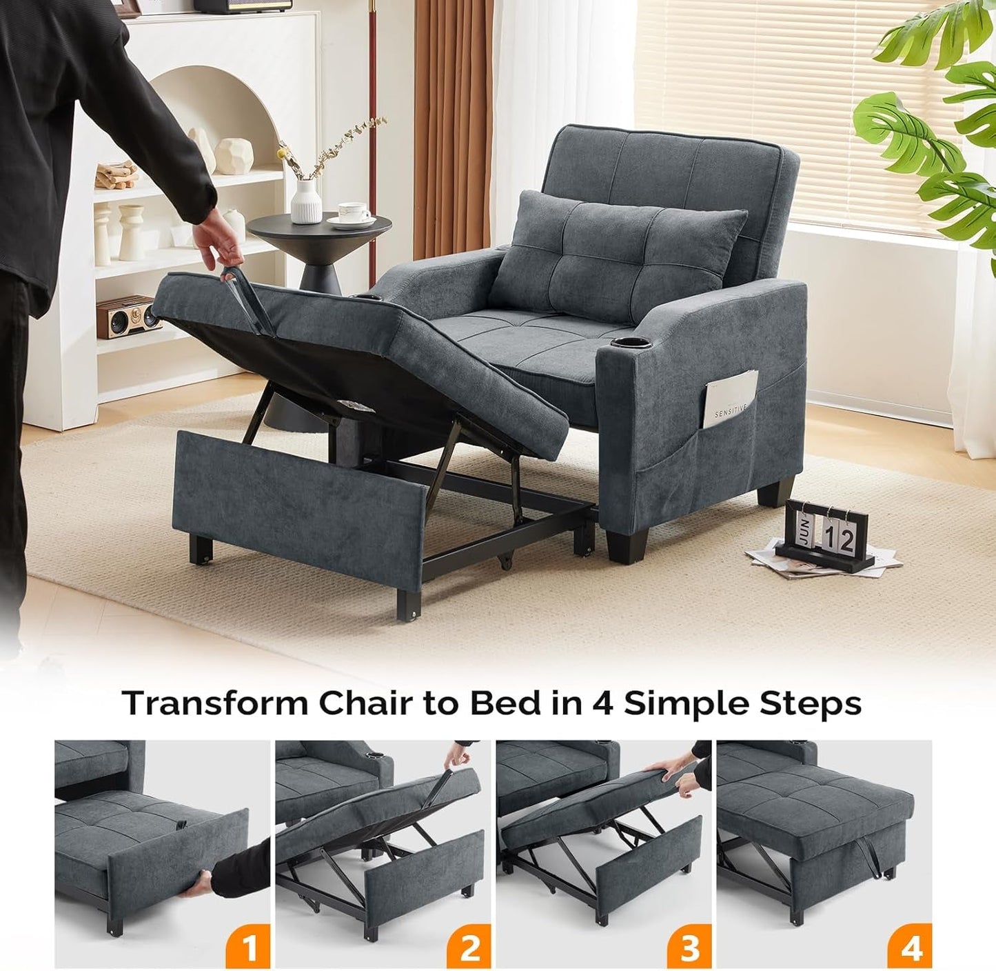 Sofa Bed Chair Recliner, 3-In-1 Convertible Sleeper Sofa Chair Bed Dark Gray Daybed Pull Out Couch Bed with Adjustable Backrest, USB Ports, Cup Holders for Small Spaces Living Room-4