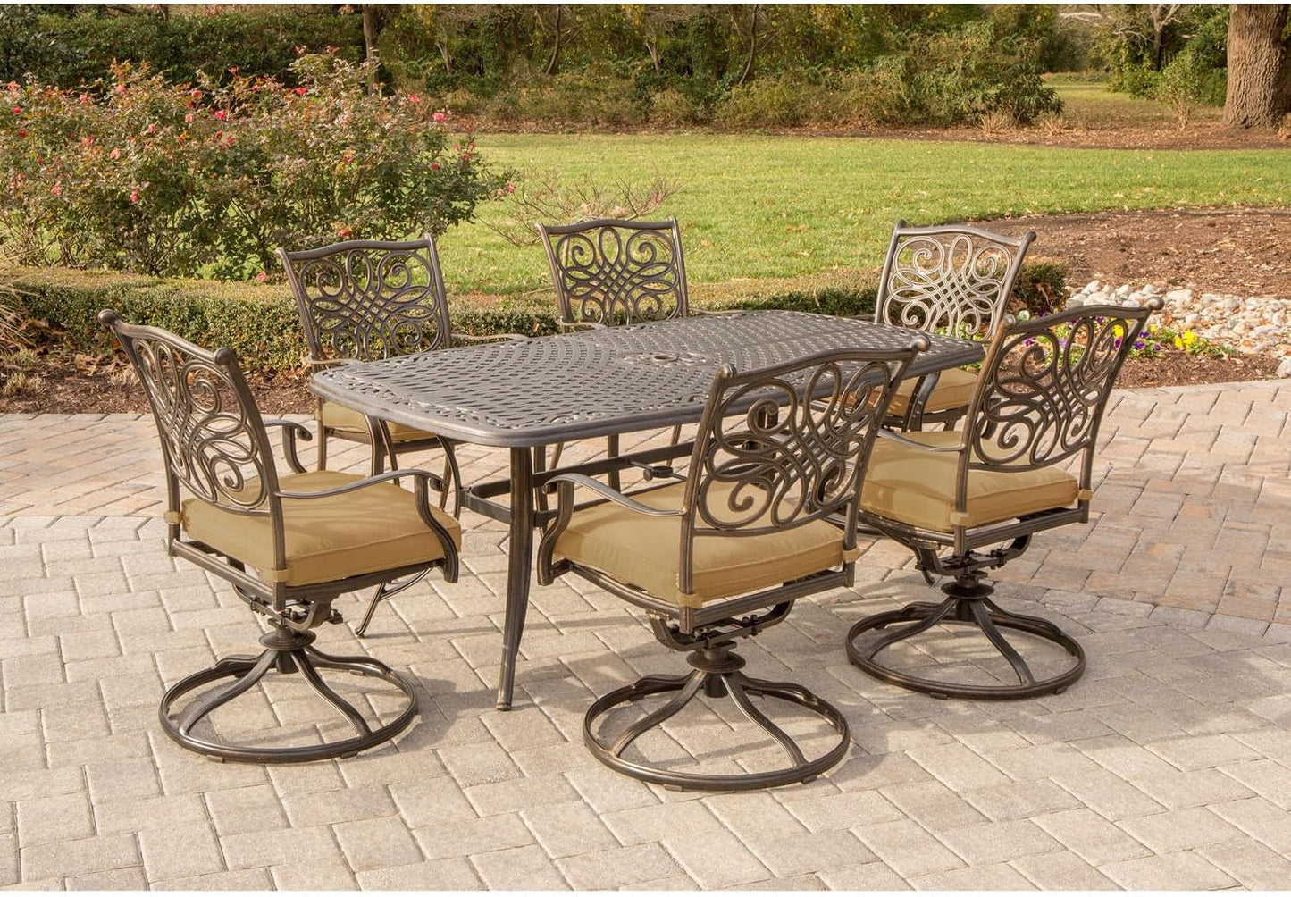 Traditions 7-Piece Patio Dining Set with 6 Swivel Rocker Chairs, Tan Cushions and Large 38"X72" Dining Table, Outdoor Dining Set for 6, Premium Weather Resistant Patio Furniture-1