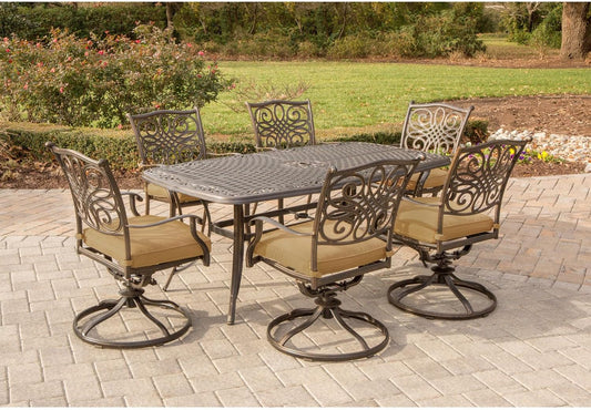 Traditions 7-Piece Patio Dining Set with 6 Swivel Rocker Chairs, Tan Cushions and Large 38"X72" Dining Table, Outdoor Dining Set for 6, Premium Weather Resistant Patio Furniture-1