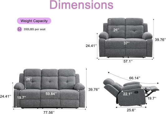 Breathable-Chenille-Fabric-Reclining-Sofa-And-Loveseat-Set, Double-Recliner-For-Living-Room, Manual-Reclining-Sofa,Soft/Drop down Table(Gray)-1
