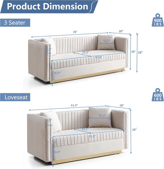 Luxury Velvet Sofa Set for Living Room, Modern Decor Furniture Channel Sofa Couch and Loveseat with Nailhead Gold Metal Legs and 4 Pillows for Bedroom, Hall, Beige-1