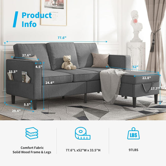 Convertible Sectional Sofa Sets, Modern Linen Fabric 3 Seater L-Shaped Sofa with Storage Ottoman, Wooden Sofa Couch Legs, Reversible Chaise Chair for Living Room, Studio, Apartment - Dark Grey-1
