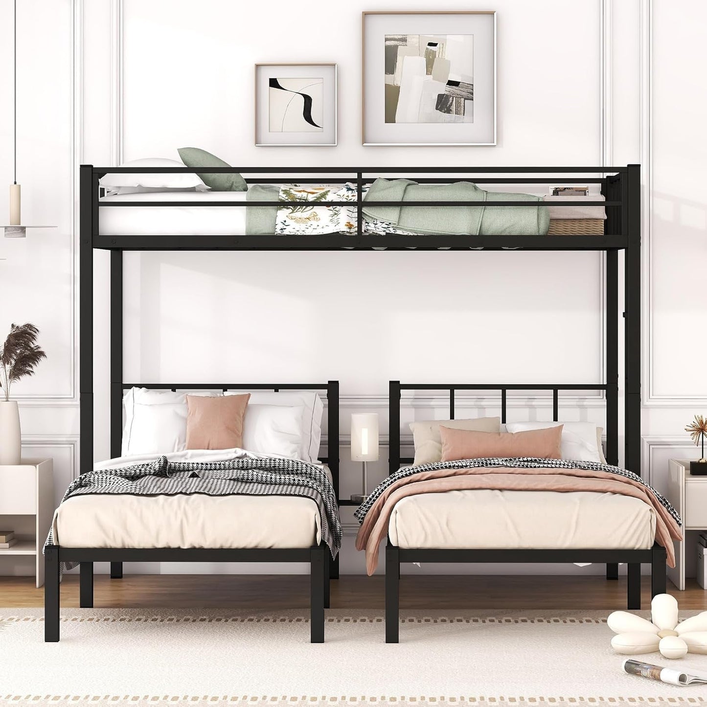 Twin over Twin over Twin Triple Bunk Bed for Kids,3 Bed Bunk Beds for 3,Metal Triple Bunk Beds with Built-In Desk,Separates into 3 Twin Beds,Noise Reduced Structure,Black-2