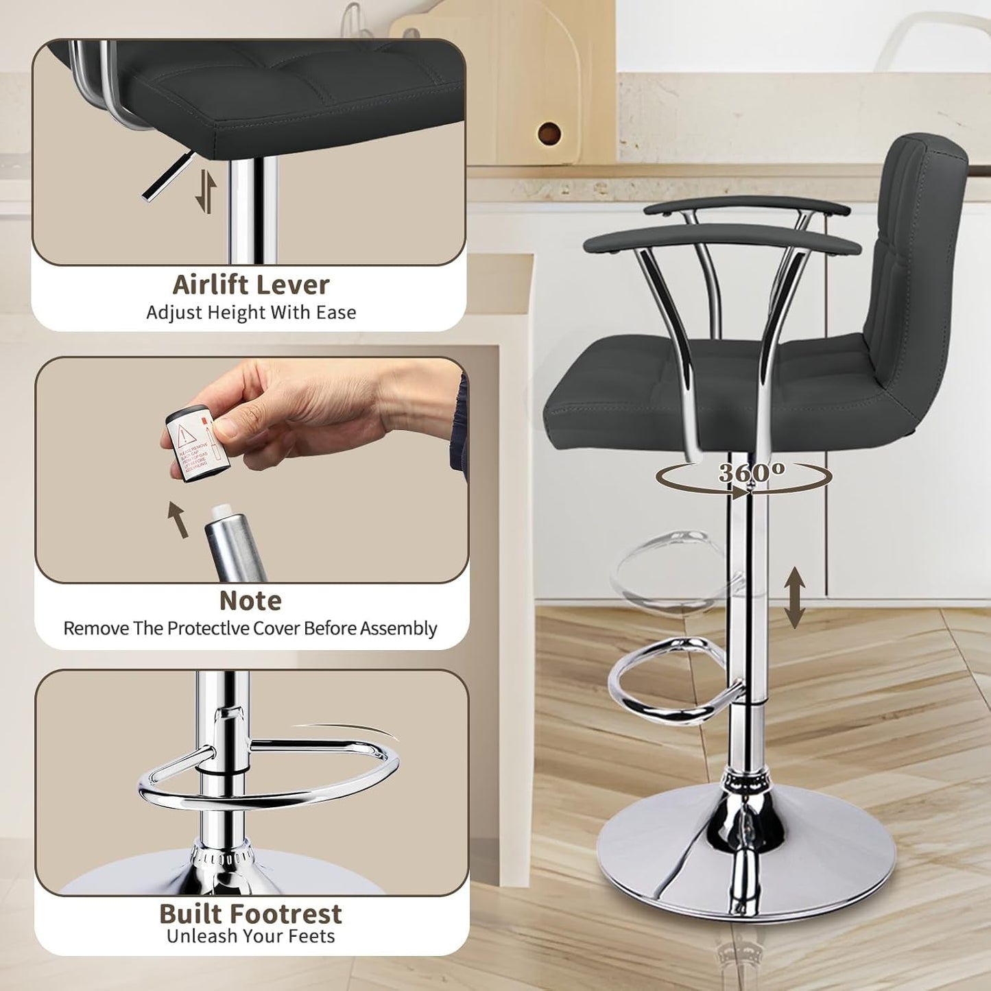 Bar Stools Set of 2,Armrest Adjustable Swivel Barstools with Back,Double Needle PU Leather Counter Height Bar Stools for Kitchen Island, Grey-4
