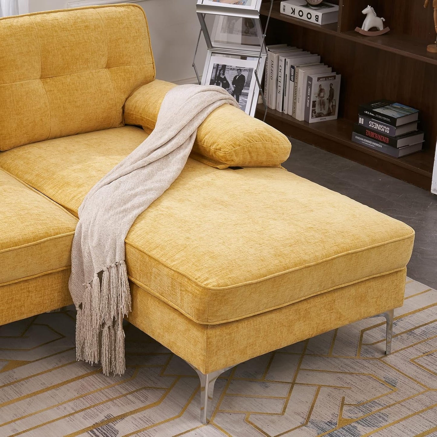 Sectional Sofa 83" L-Shape Sofa Couch 3-Seat Couch with Chaise Chenillefabric Upholstered for Living Room, Apartment, Office, Yellow-4