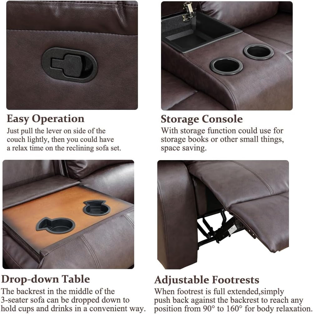 3PCS Recliner Sofa Set Vegan Leather Reclining Couch Set Living Room Furniture Sets Manual Reclining Sofa Set with Cup Holders/Storage Console/Flip down Table for Home/Office (Brown, 3PCS Set)-2