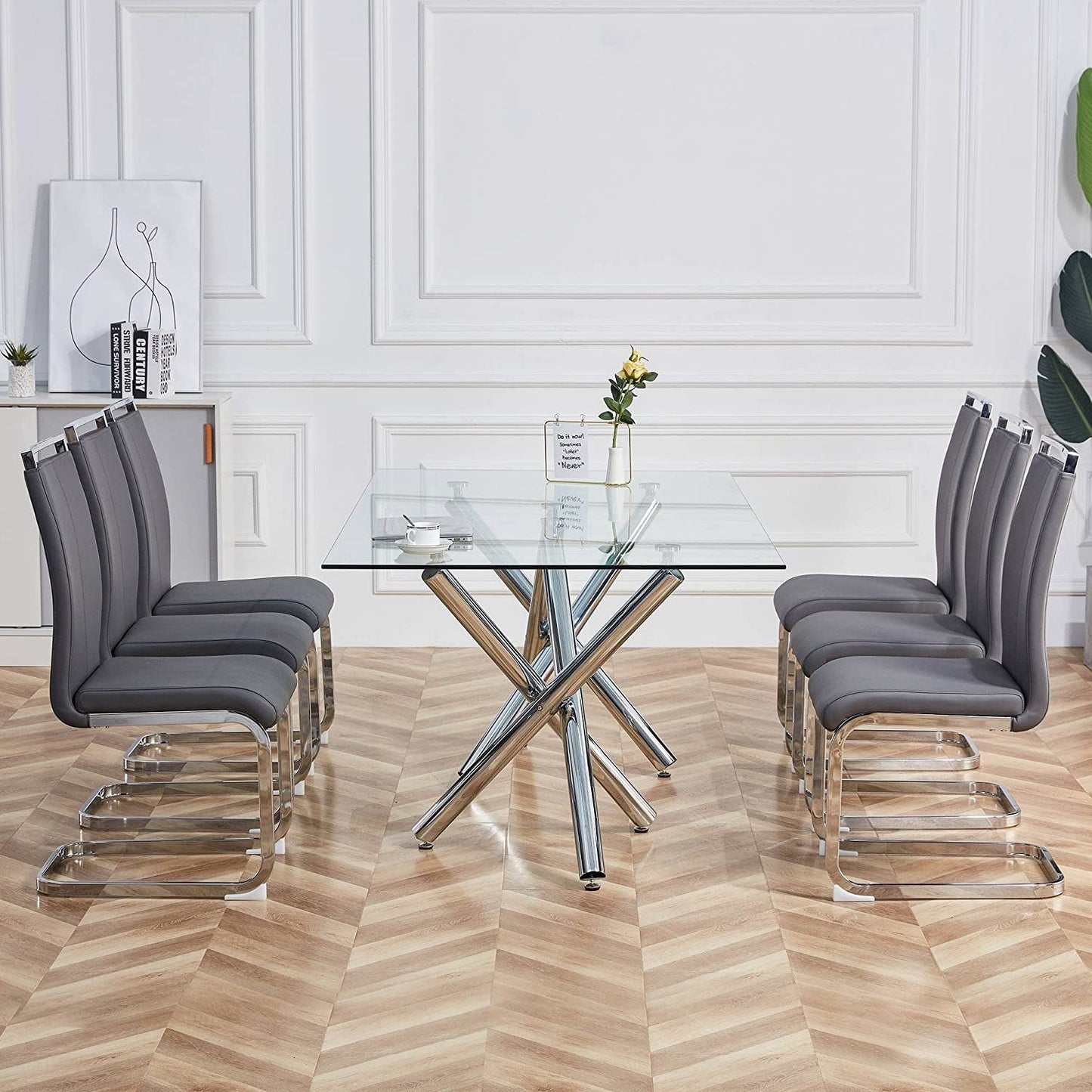 Grey Faux Leather Padded High Back Dining Chairs Set of 4-1