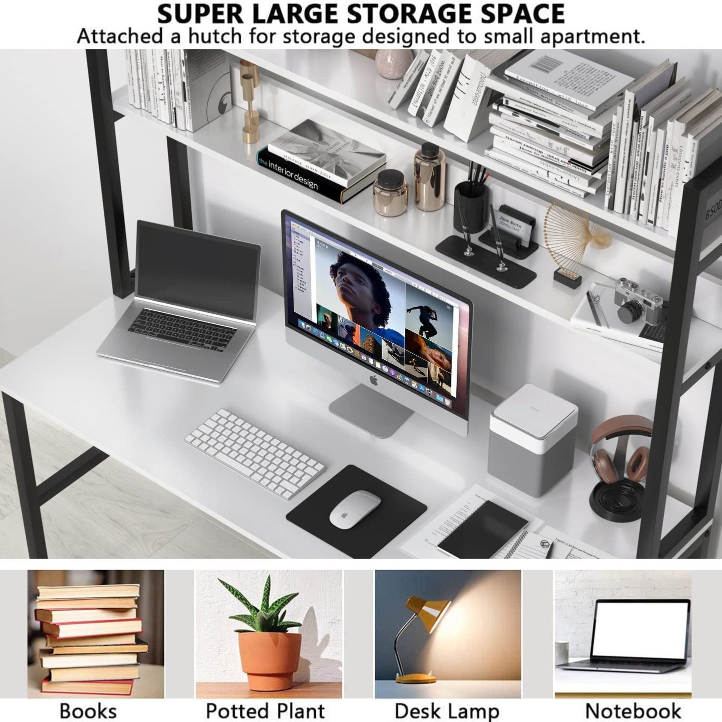 55-Inch White Desk with Hutch and Bookshelf-4