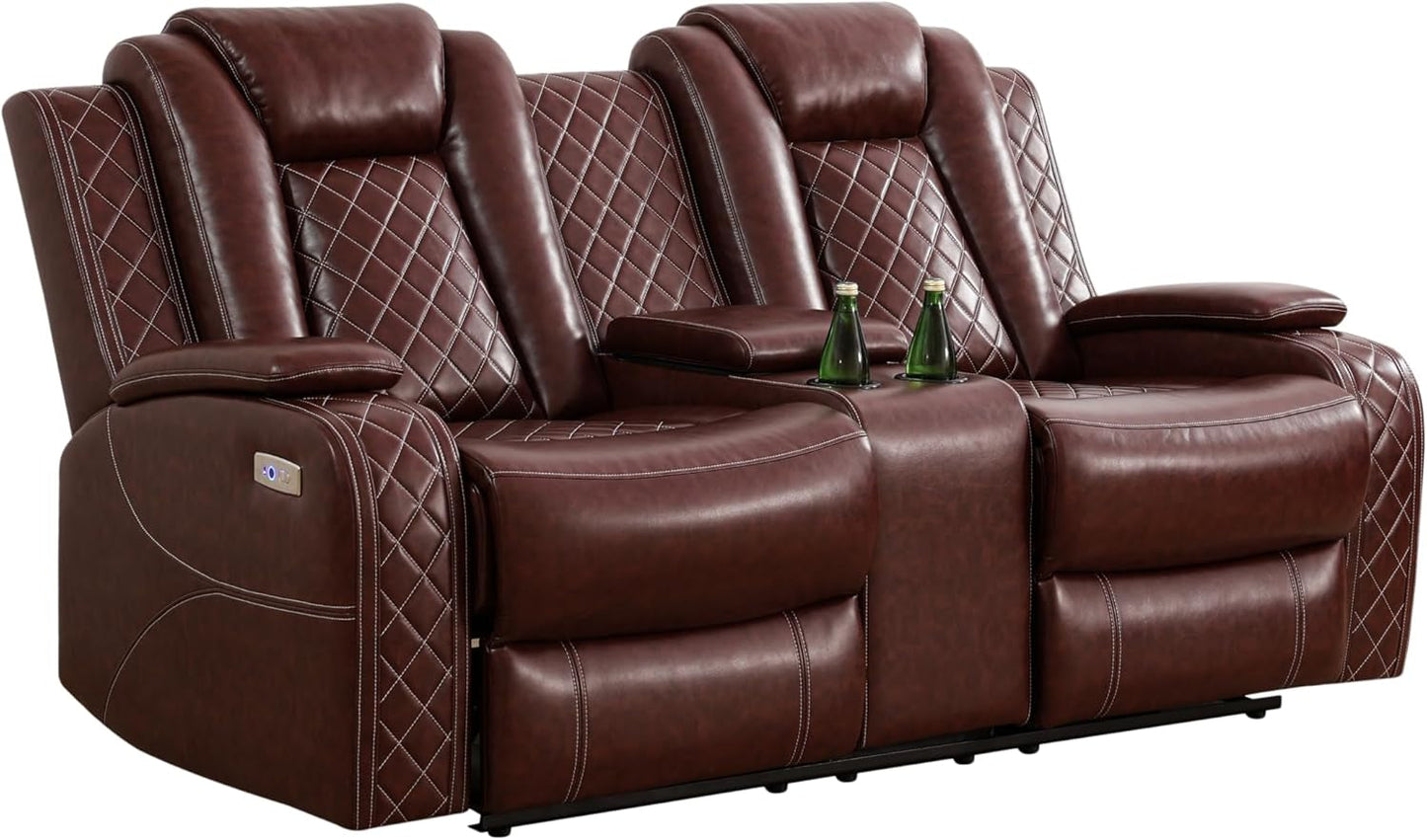 Power Recliner Sofa Set with LED, Leather Reclining Sofa Set, Living Room Furniture Set with USB Charging (3 Pieces Leather Couch Set, Garnet)-3