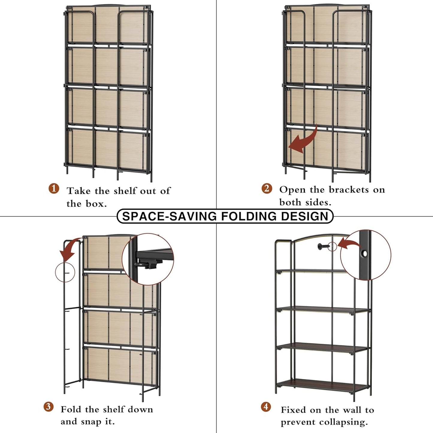 No Assembly Folding Bookshelf for Living Room, 4 Tier Black Collapsible Book Shelf for Home Office, Portable Bookcase Storage Organizer-4