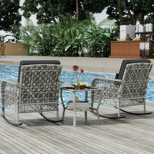 3 Piece Gray Wicker Patio Rocking Chair Set, Bistro Rocking Set, Outdoor Conversation Furniture with Porch Chairs and Glass Coffee Table, Slate Grey-1