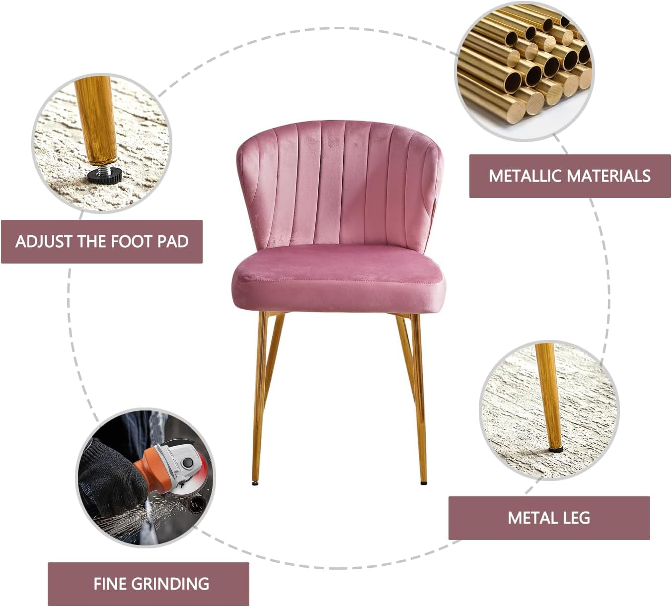 Pink Velvet Dining Chairs Set of 4, Modern Dining Chairs with Golden Metal Legs, Tufted Upholstered Dining Chairs for Dining Room/Kitchen/Vanity-4