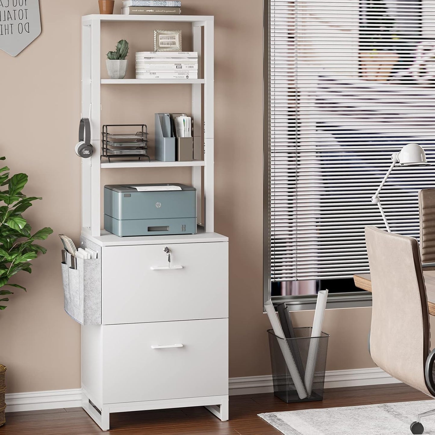 2 Drawer File Cabinet, Filing Cabinet with Lock Fits Letter, Legal, A4 Size, File Cabinets for Home Office with Storage Bag, Open Shelf and Hook, White-0