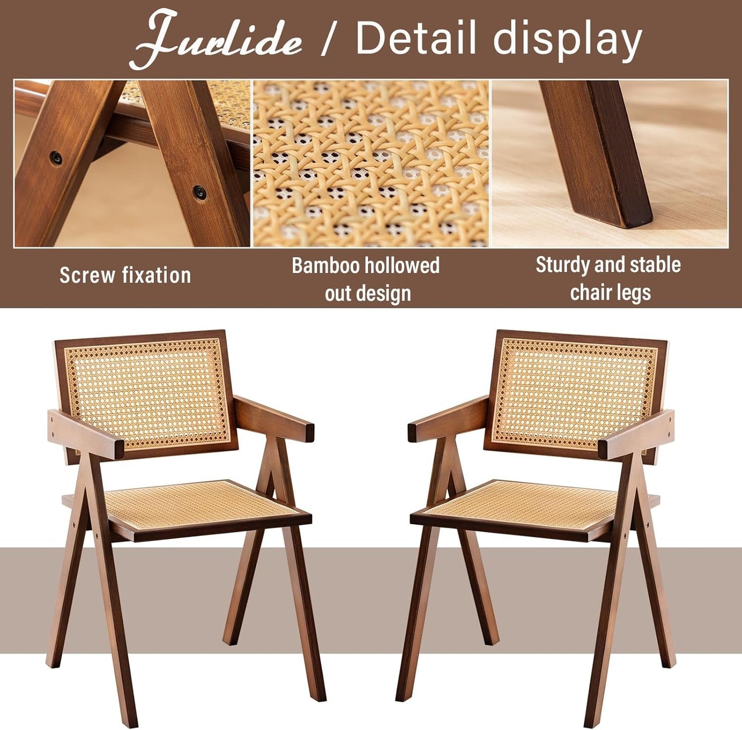 Rattan Accent Chairs, Modern Mid Century Dining Chairs Set of 2, Comfy Armchairs, Outdoor Rattan Chairs with Armrest for Bedroom Living Room Reading Room Dining Kitchen, Brown-3