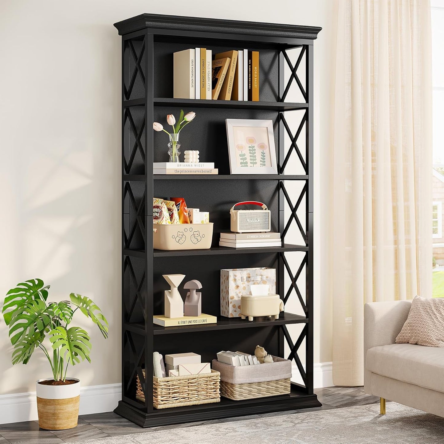 6-Tier Bookcase, 71 Inches Industrial Bookshelves and Bookcases, Floor Standing 5 Shelf Display Storage Shelves Tall Bookcase for Home Office, Living Room, Bed Room, All Black-4