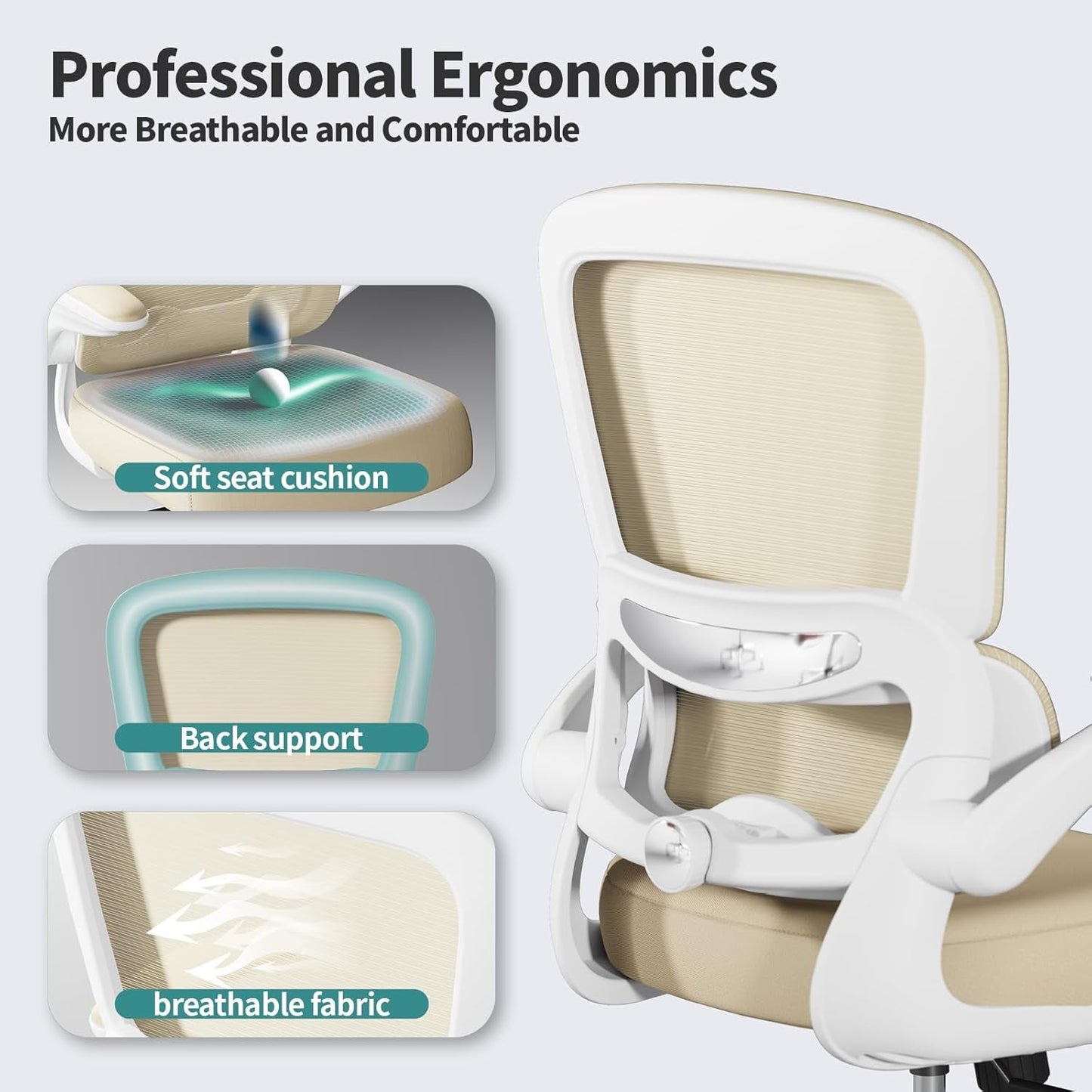 Office Chair Ergonomic Desk Chair, 330 LBS Home Mesh Office Desk Chairs with Wheels, Comfortable Gaming Chair, High Back Office Chair for Long Hours (Beige)-2