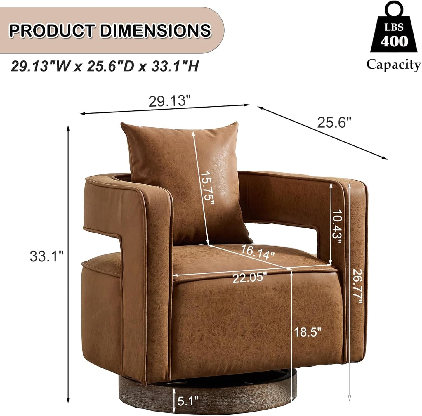 Swivel Accent Chair, Modern Swivel Barrel Chair for Living Room, 360 Degree Comfy Square Swivel Chair with Open Back, Upholstered Armchair for Bedroom,Reading, PU Leather, Brown-1