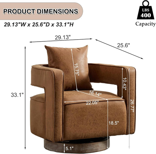 Swivel Accent Chair, Modern Swivel Barrel Chair for Living Room, 360 Degree Comfy Square Swivel Chair with Open Back, Upholstered Armchair for Bedroom,Reading, PU Leather, Brown-1