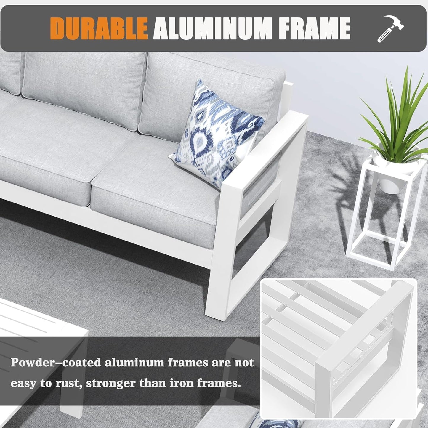 5 Piece Modern Aluminum Patio Furniture Set with Fire Pit Table, Outdoor Patio Sectional Conversation Metal Seating Sets with Olefin Cushion-4