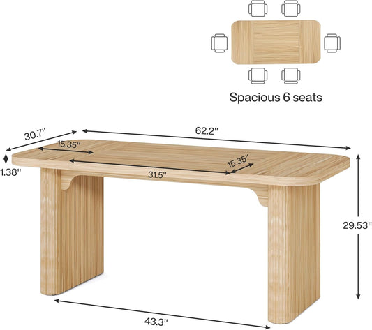 Farmhouse Dining Table for 4-6 People, 62-Inch Modern Kitchen Table with Double Robust Pedestal, Long Rectangular Wooden Dinner Table for Dining Room (Only Table) (Natural)-1