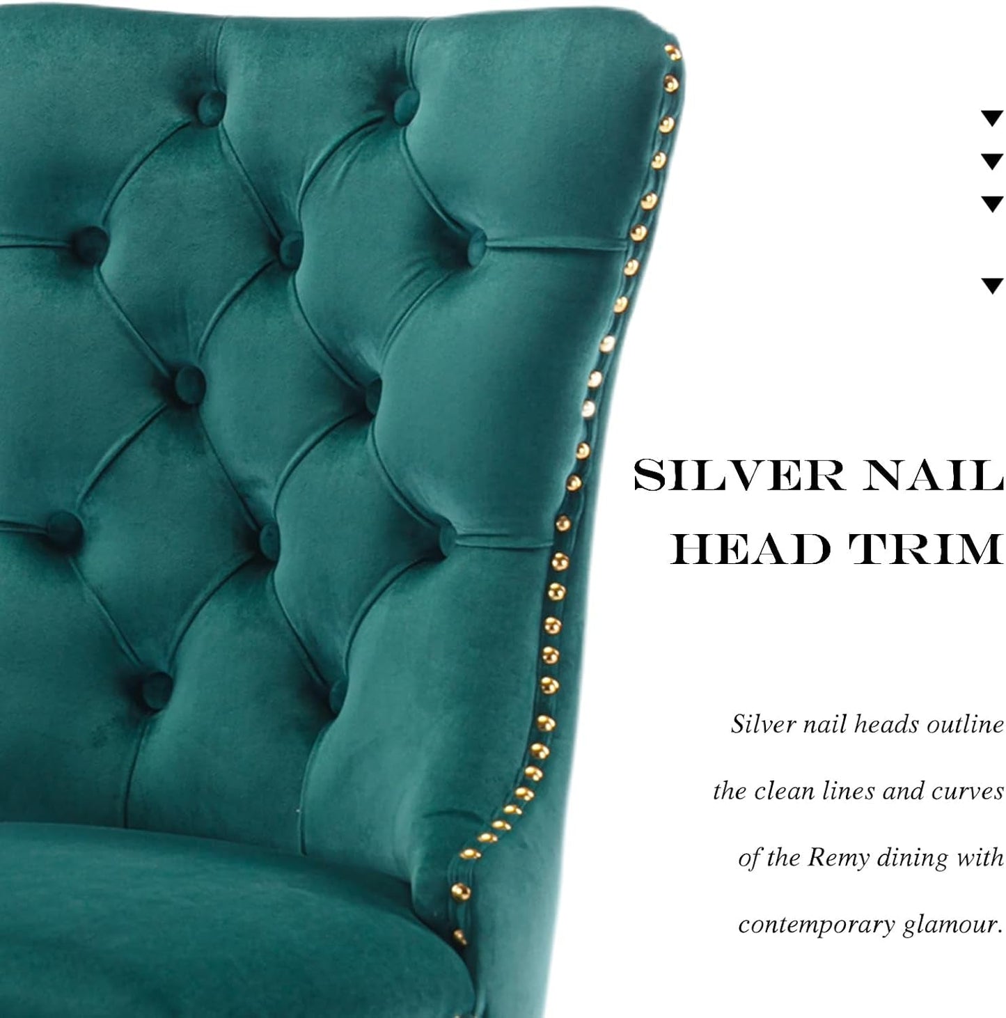 Velvet Dining Chair Set of 2, Upholstered Tufted Dining Room Chair with Nailhead Trim and Stainless Steel Gold Plated Leg for Kitchen, Green-4