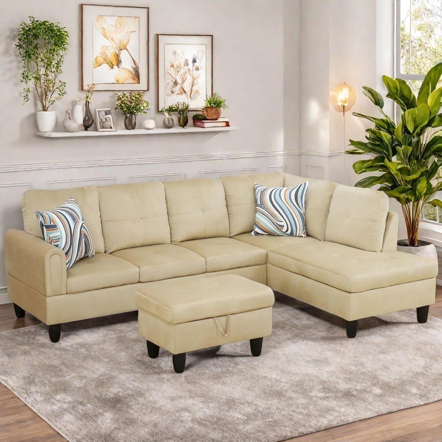 Sectional Couch with Otttoman, 97" L Shaped Couch Sectional Sofa for Living Room, Modern Modular Couches with Cup Holders for Bedroom, Apartments, Beige-0