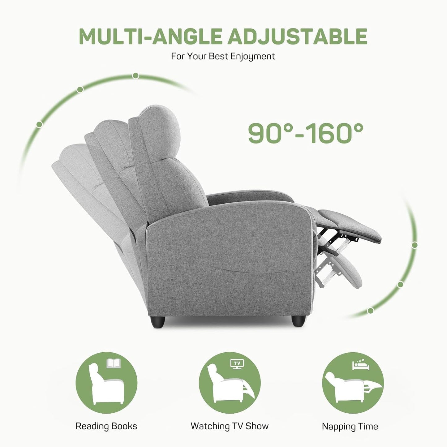 Recliner Chair with Massage and Lumbar Support, Small Fabric Home Theater Seating, Adjustable Modern Reclining Chair for Adults in Living Room-4