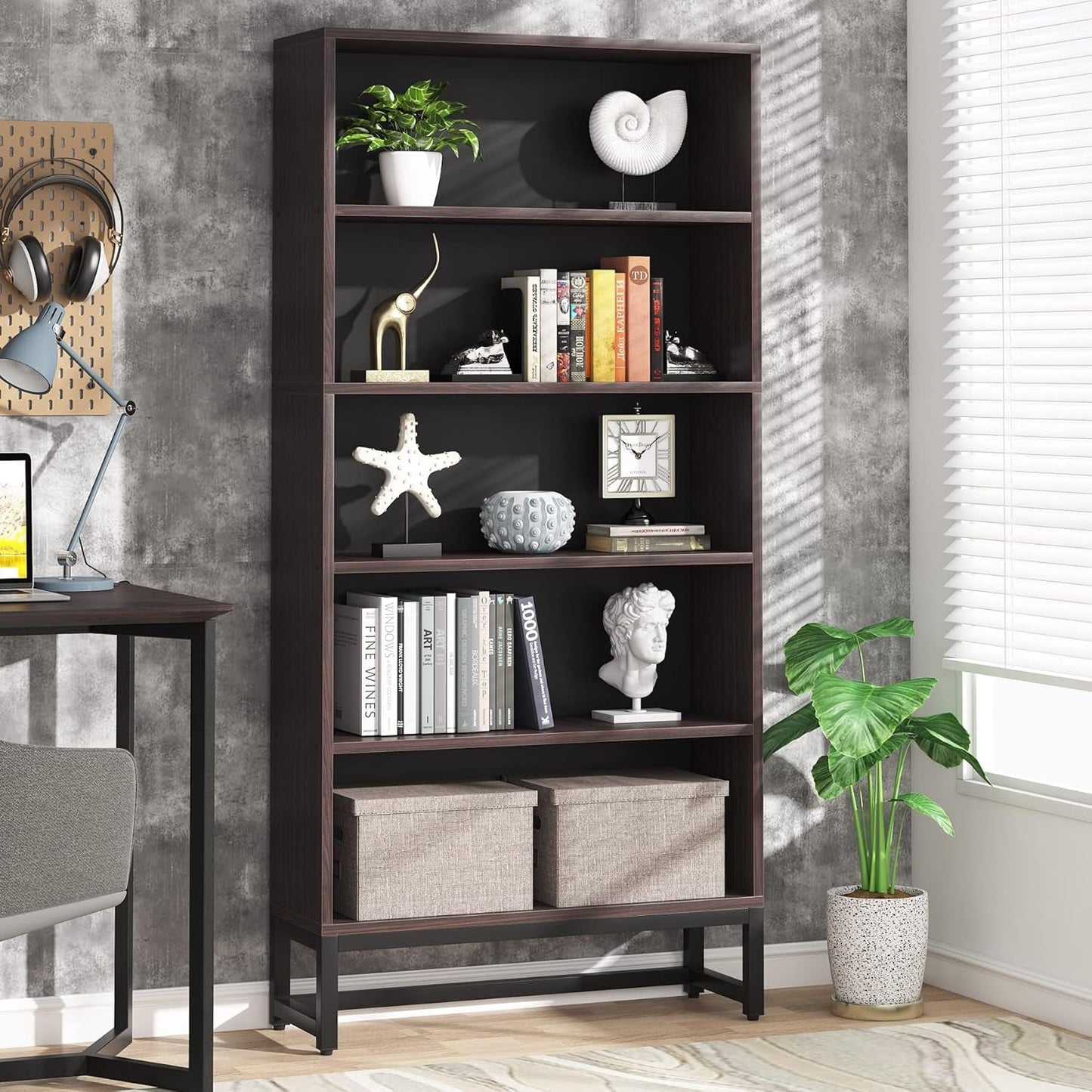 Tall Bookcase and Bookshelf, 70.8” Large Bookcases Organizer with 5-Tier Storage Shelves, Heavy Duty Free-Standing Library Bookshelf Shelving Unit for Living Room, Bedroom (Sandalwood)-0