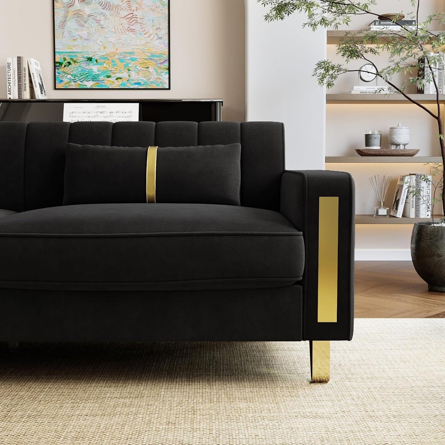 Loveseat Couch for Living Room, 86" Black Velvet Sofa Couch with 2 Pillows & Gold Metal Legs, Modern Upholstered Sofa Love Seat Sectional Couches for Apartment Home Office-2
