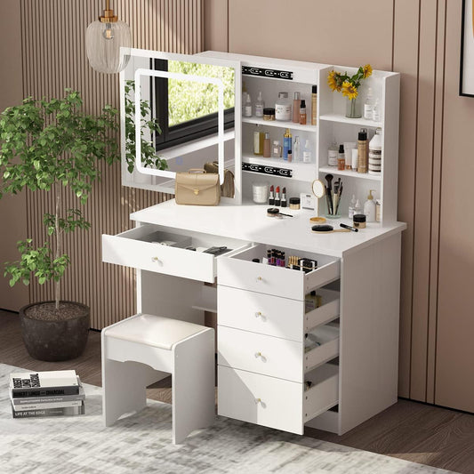 Large Vanity Desk Set with Sliding Lighted Mirror-1