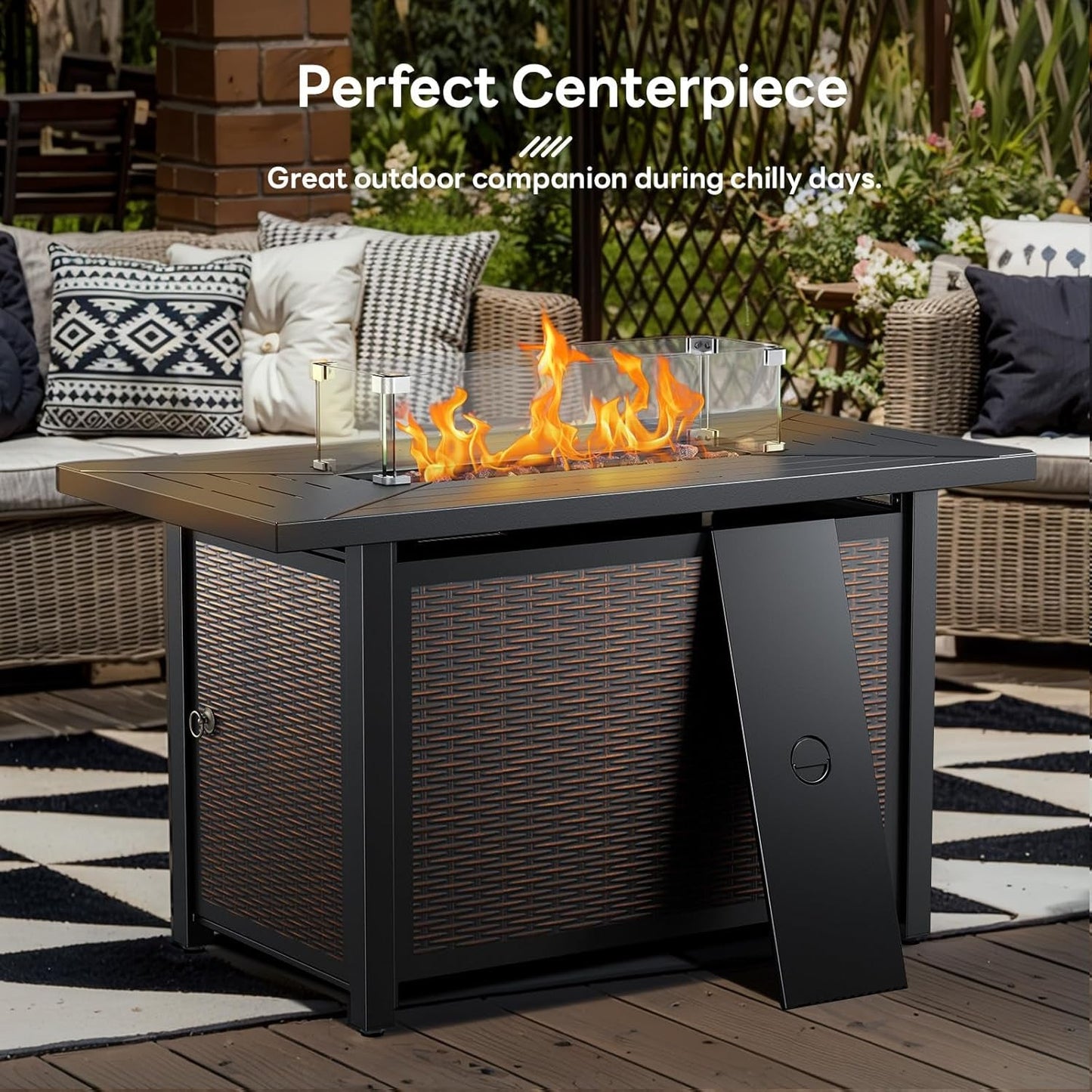 7 Pieces Patio Furniture Set with Fire Pit Table, Wicker Rattan Outdoor Furniture Set with Swivel Rocker Chairs for Yard, Deck, Garden, Yellow/Beige-4