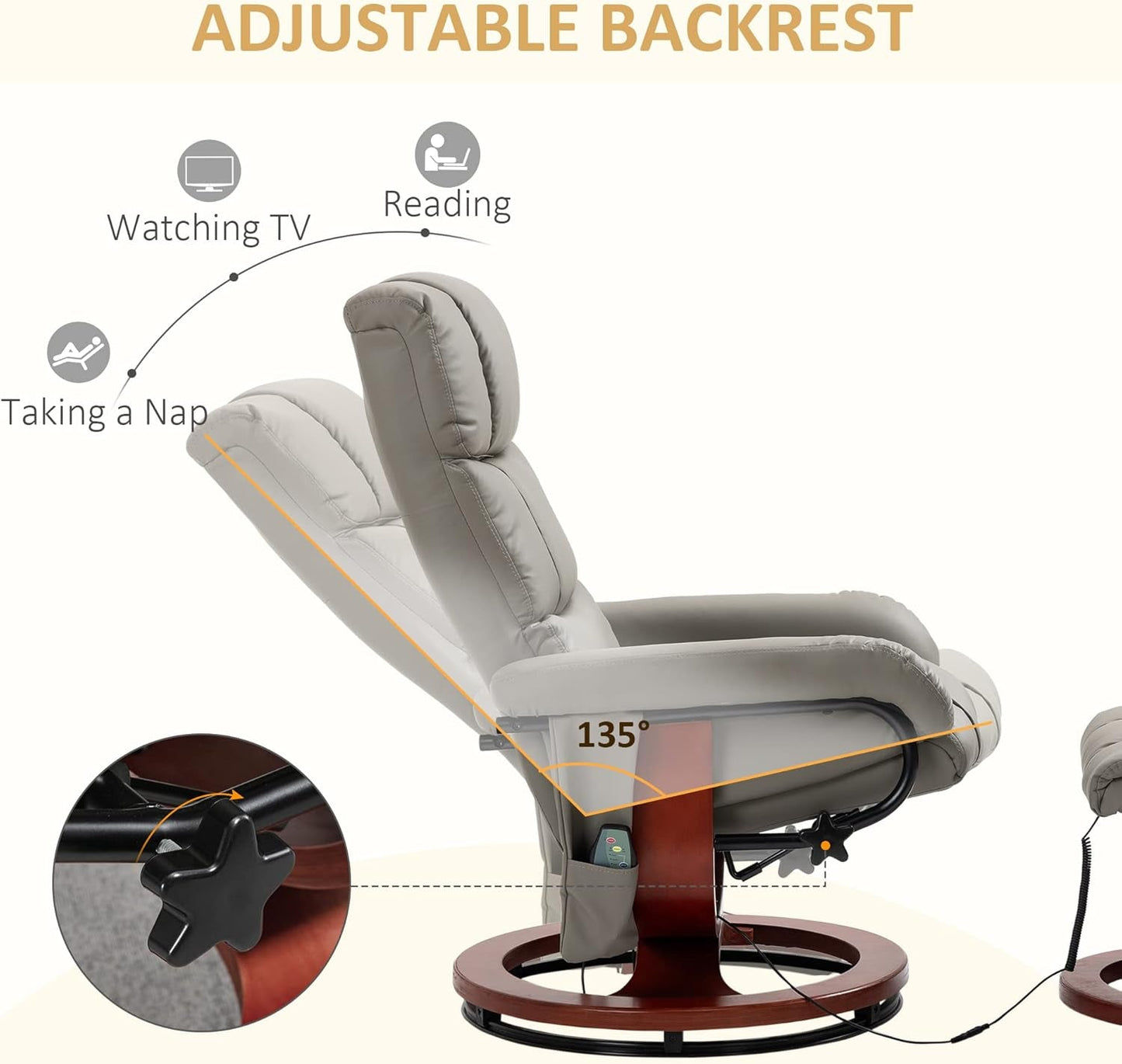 Massage Recliner Chair with Ottoman, Swivel Recliner and Footrest, Faux Leather Reclining Chair with Remote Control and Side Pocket, Gray-4