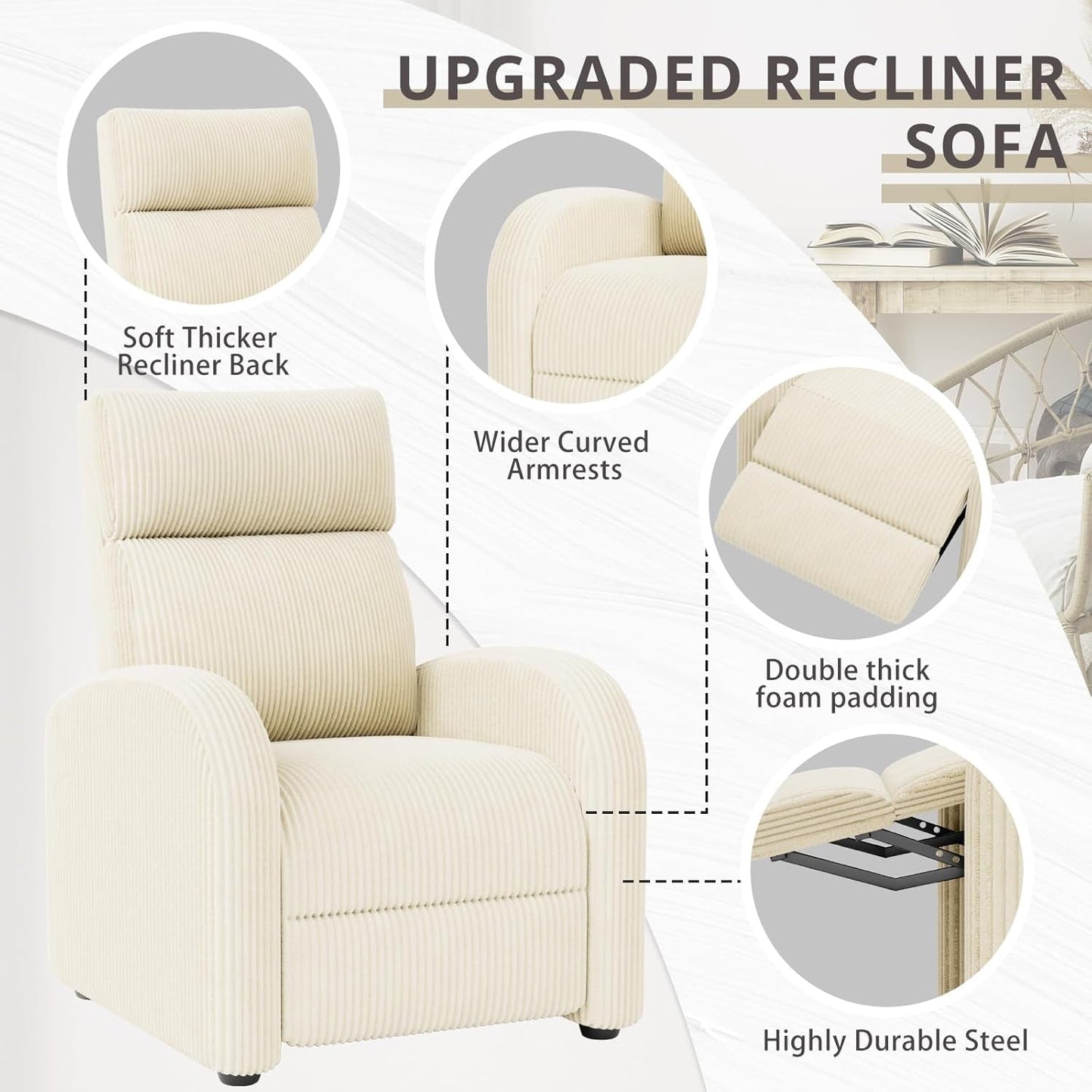 Recliner Chair Adjustable Home Theater Single Recliner Sofa Furniture with Thick Seat Cushion and Backrest Modern Living Room Recliners (Corduroy, Beige)-4