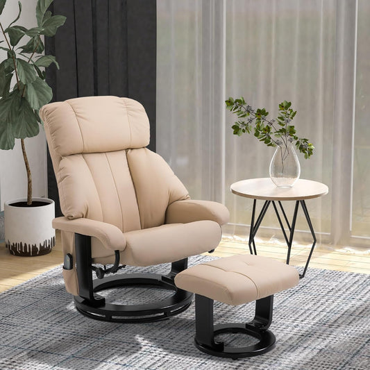 Massage Recliner Chair with Ottoman, 360° Swivel Recliner and Footstool, 10 Point Vibration, PU Leather Reclining Chair with Side Pocket and Remote Control, Beige-1